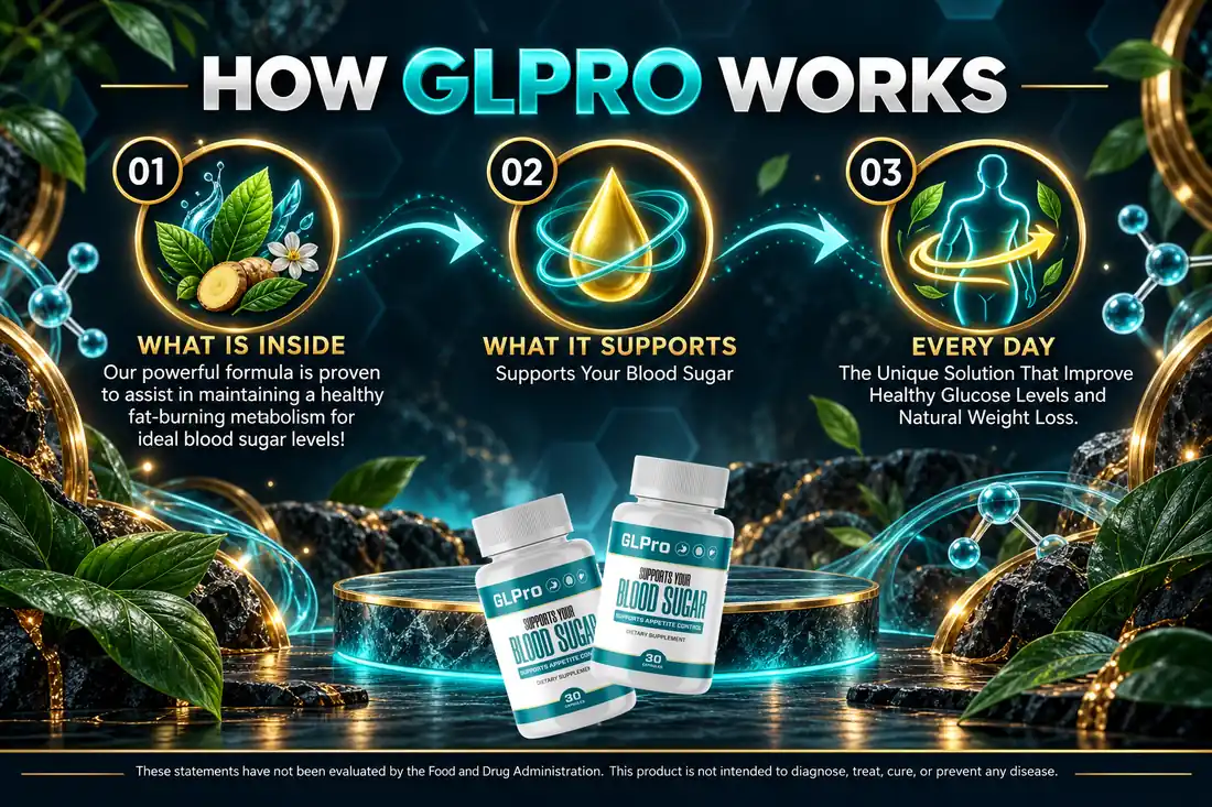 The seller&rsquo;s own three-step explainer artwork for GLPro, headed What Is Inside, What It Supports and Every Day