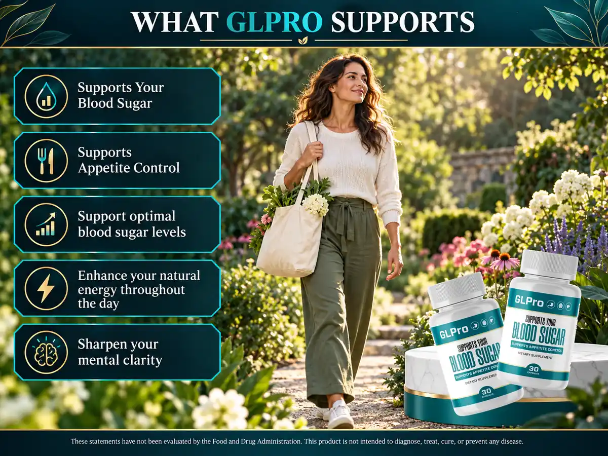 The seller&rsquo;s What GLPro Supports artwork, listing five support lines beside a lifestyle photograph