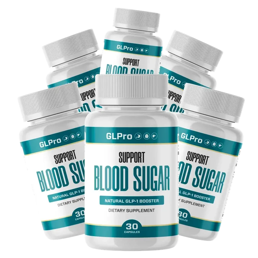 Six GLPro bottles in the second label version, reading Support Blood Sugar and Natural GLP-1 Booster