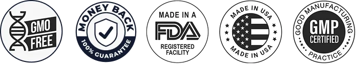 GMO free, money back, FDA registered facility, made in USA and GMP certified seals used across the GLPro artwork